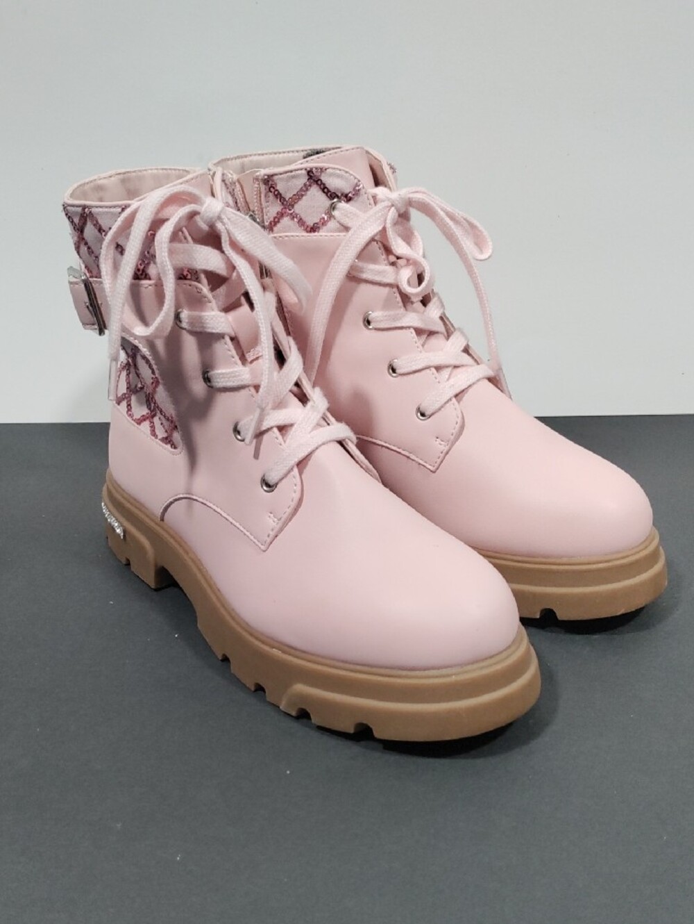 Jessica Simpson Rosa Blush Pink Sequin Combat Boots Girls Size 5